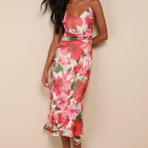 Lulu's Vibrant Floral Midi Dress in Pink and Green